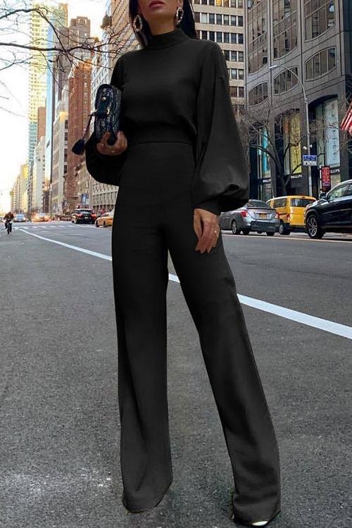 Karladress Solid Mockneck Lantern Sleeve Waisted Straight Leg Jumpsuit