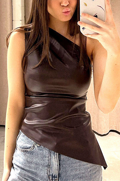 Karladress One Shoulder Sleeveless Asymmetric Faux Leather Top