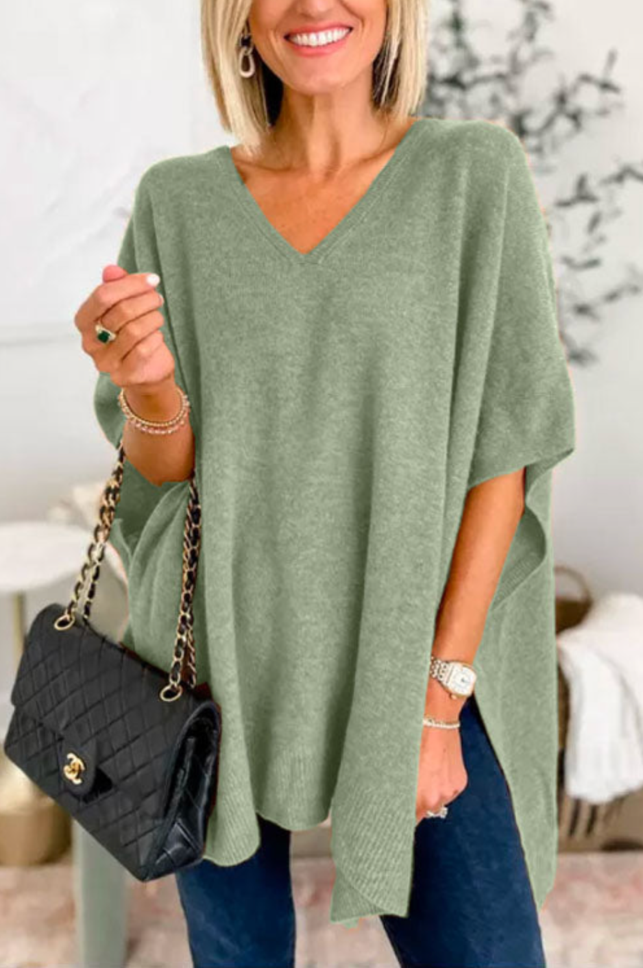 10 Colors V Neck Loose Fit Solid Poncho Sweater