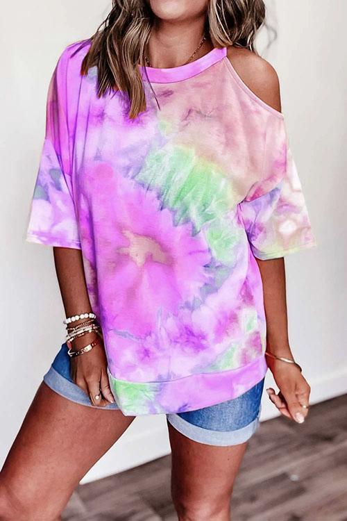 Karladress Cold Shoulder Short Sleeve Tie Dye T-shirt