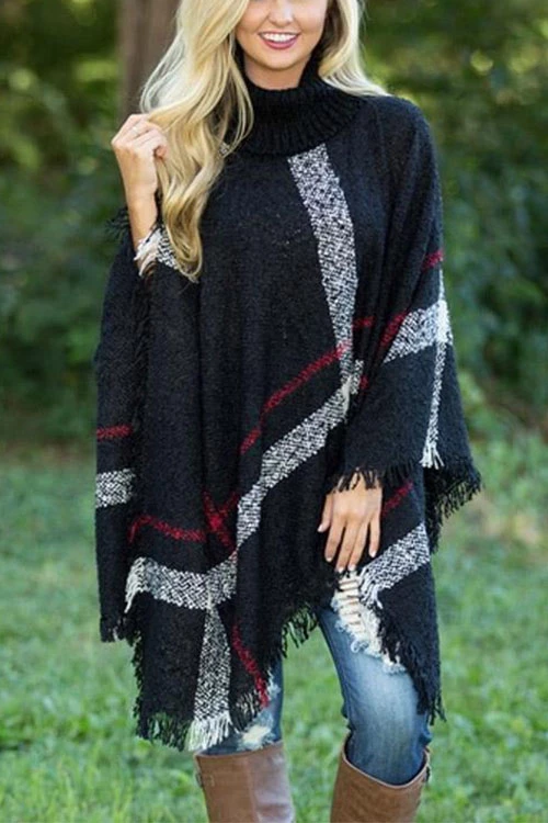 Karladress Tassel Color Block Classic Cloak Poncho Sweater