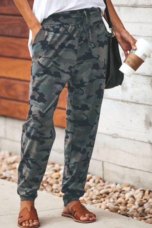 Karladress High Waist Drawstring Camo Casual Pants