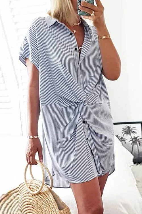 Karladress Short Sleeve Twist Knot Striped Shirt Dress