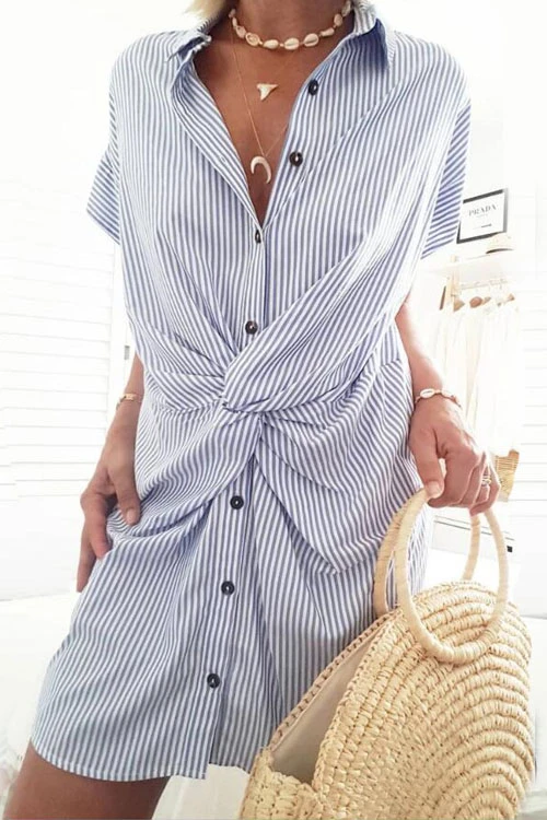 Karladress Short Sleeve Twist Knot Striped Shirt Dress