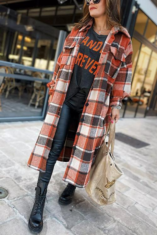 Karladress Lapel Buttons Long Plaid Outwear With Pockets