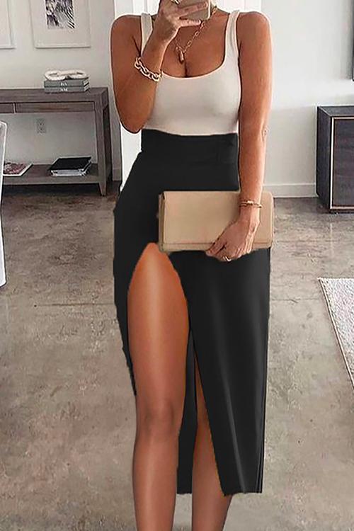 Karladress Sleeveless Scoop Neck Waisted Color Block Slit Dress