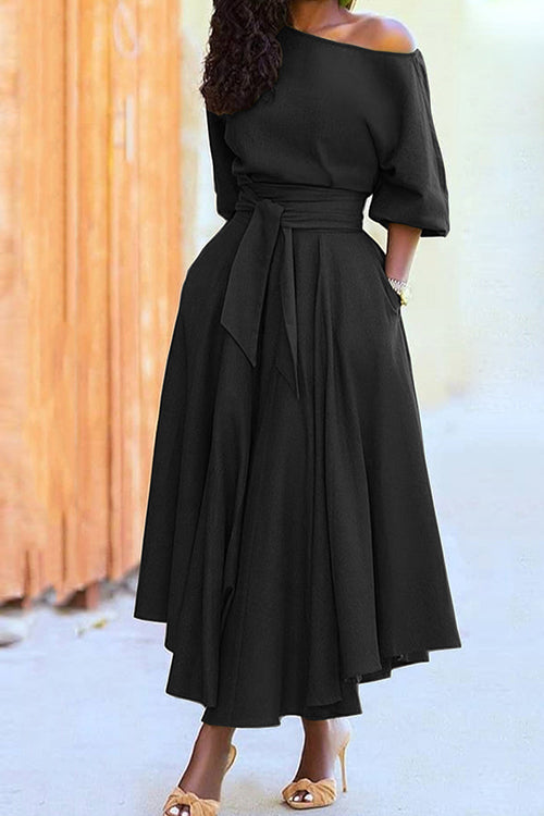 Karladress Crewneck Half Sleeve Tie Waist Midi Swing Dress