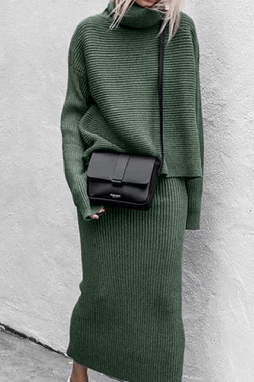 Karladress Turtleneck Ribbed Pullover and Long Skirt Solid Knit Set