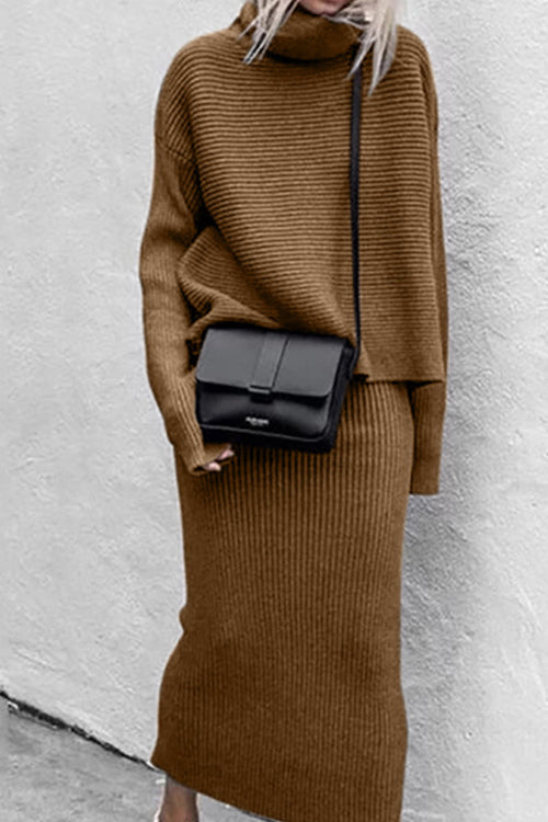 Karladress Turtleneck Ribbed Pullover and Long Skirt Solid Knit Set