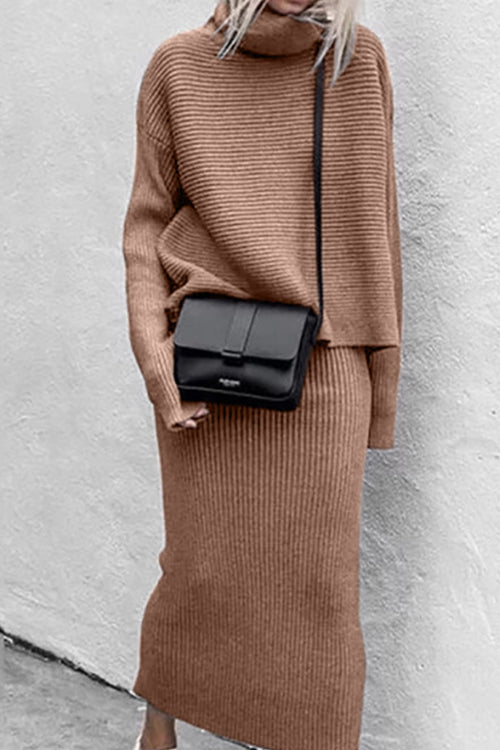 Karladress Turtleneck Ribbed Pullover and Long Skirt Solid Knit Set