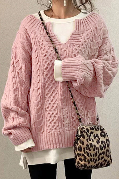 Karladress V Neck Long Sleeve Cable Knit Sweater