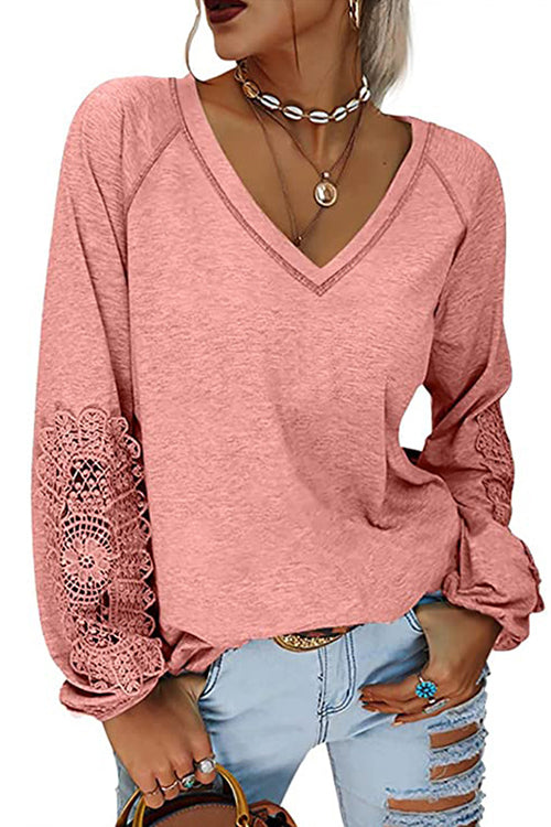 Karladress V Neck Lace Splice Lantern Sleeves T-shirt