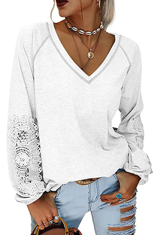 Karladress V Neck Lace Splice Lantern Sleeves T-shirt