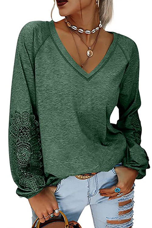 Karladress V Neck Lace Splice Lantern Sleeves T-shirt