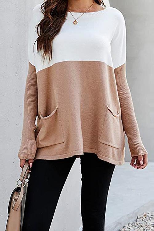 Karladress Color Block Knit Pullovers With Pockets