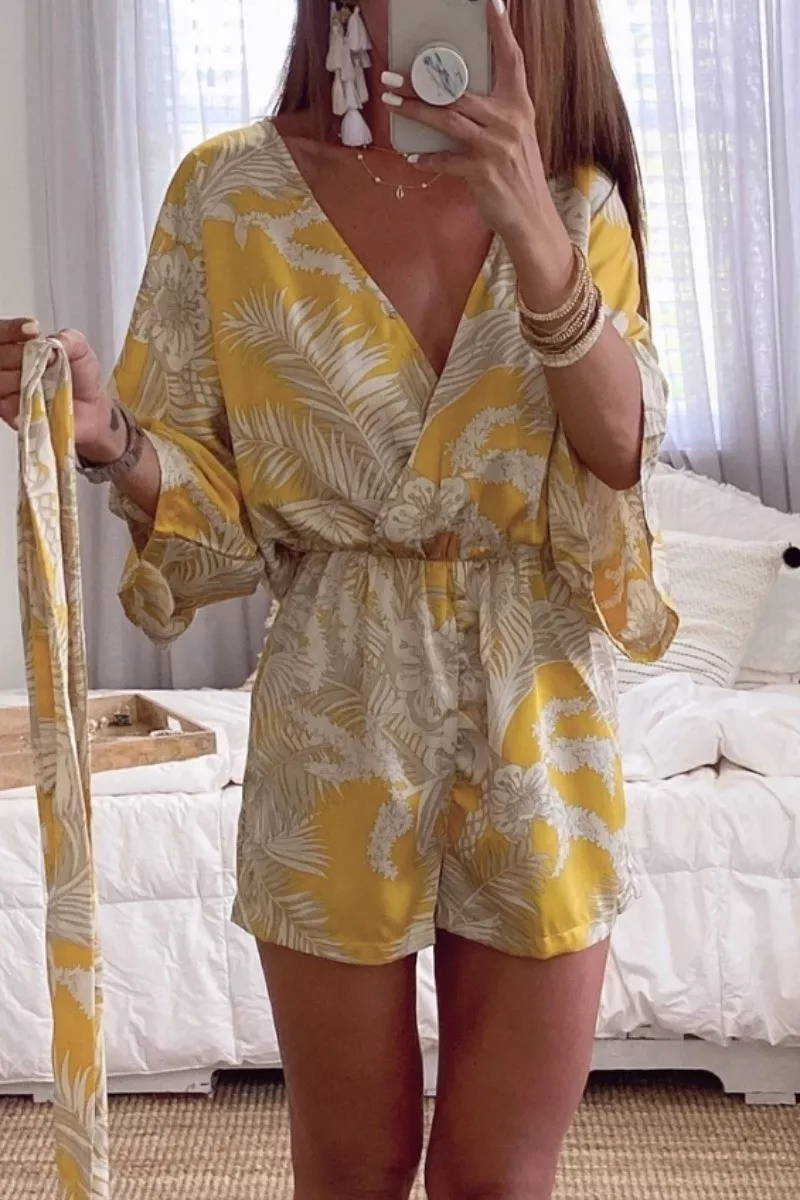 Karladress Wrap V Neck Tie Waist Leaf Print Batwing Romper